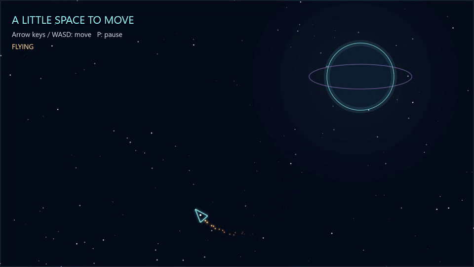 A glowing cyan ship leaving an amber particle trail over the layered space background.